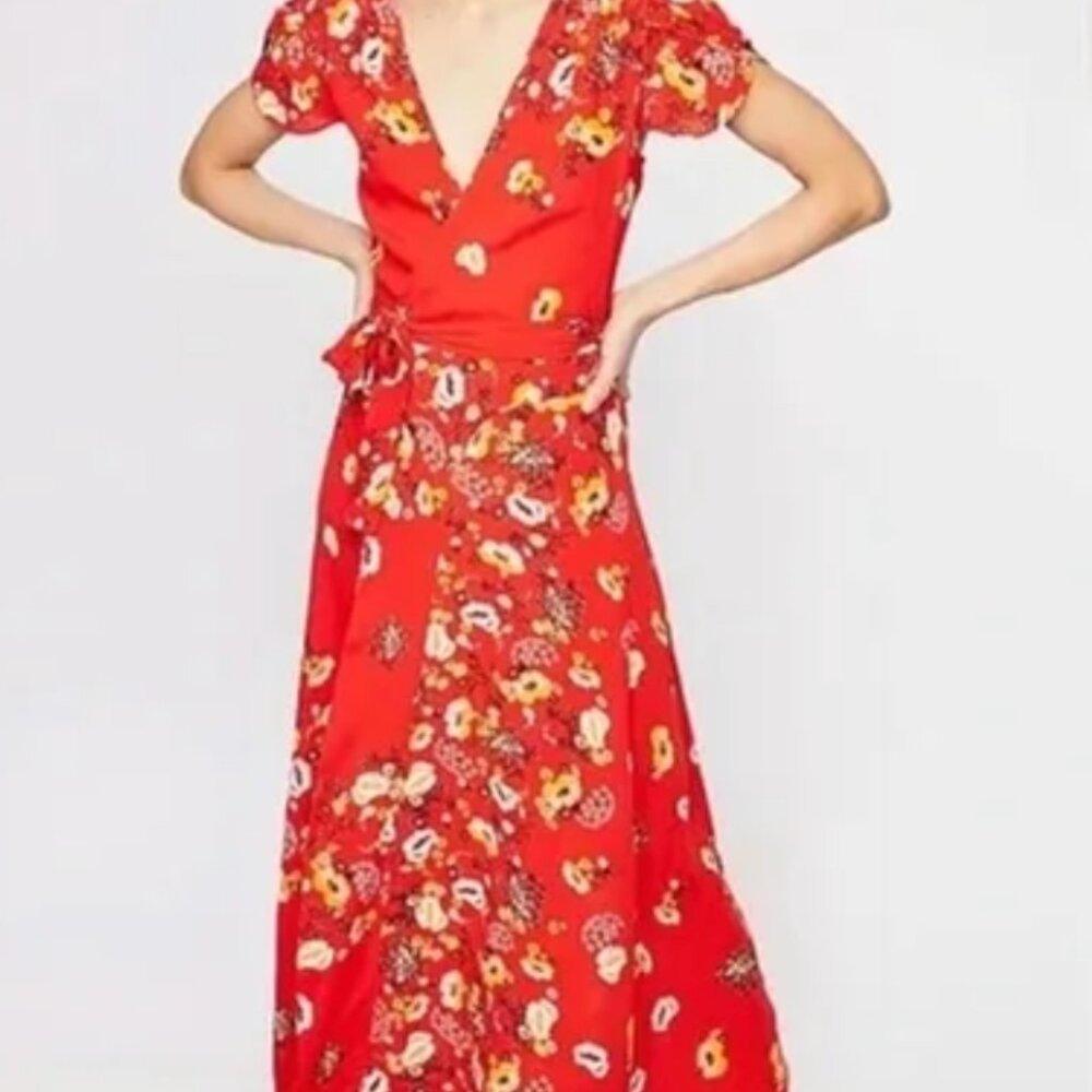Free People Red Floral Wrap Dress Size Large Women's Short Sleeve Tulip Hem
